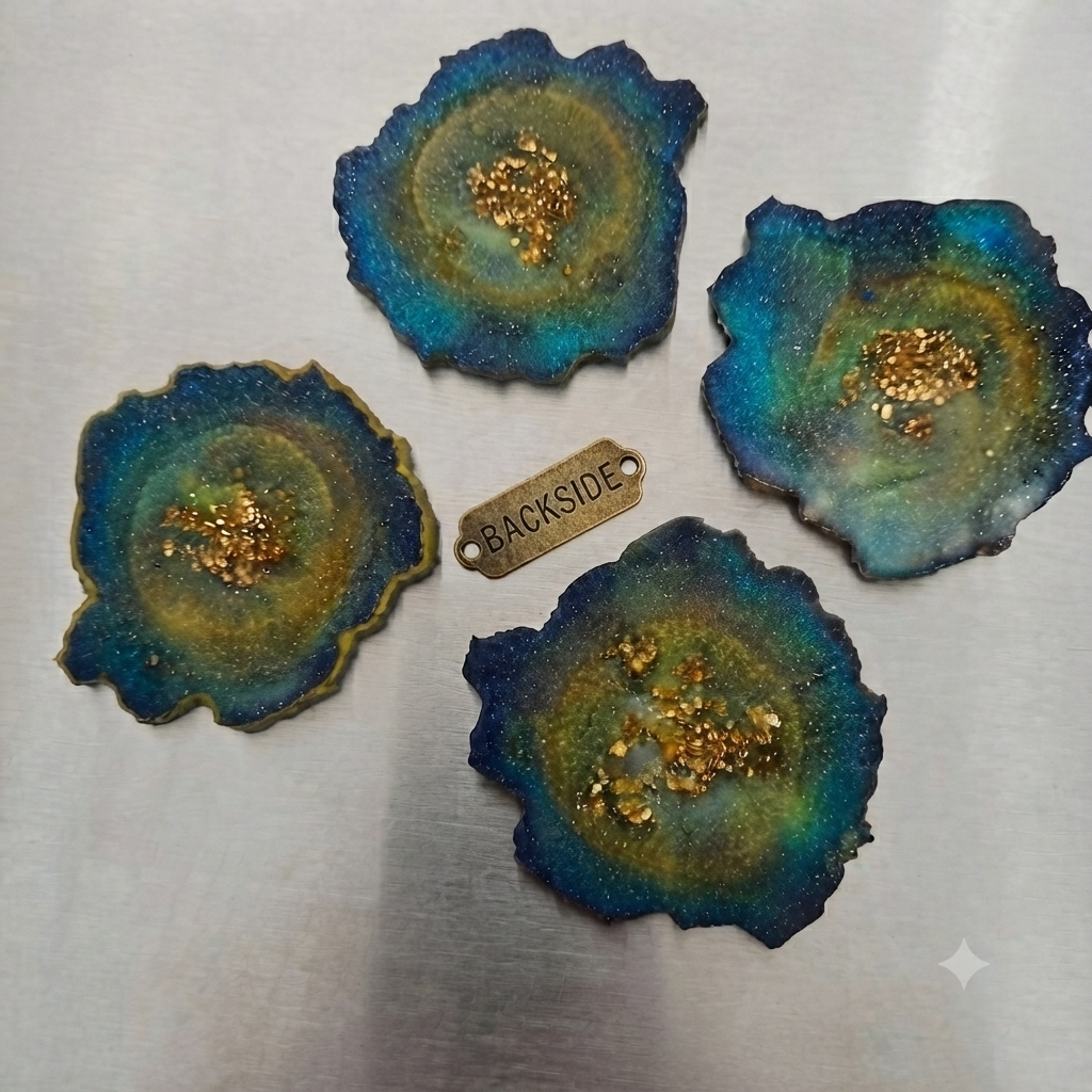 Ocean Resin Coaster — Teal & Gold | Set of 4