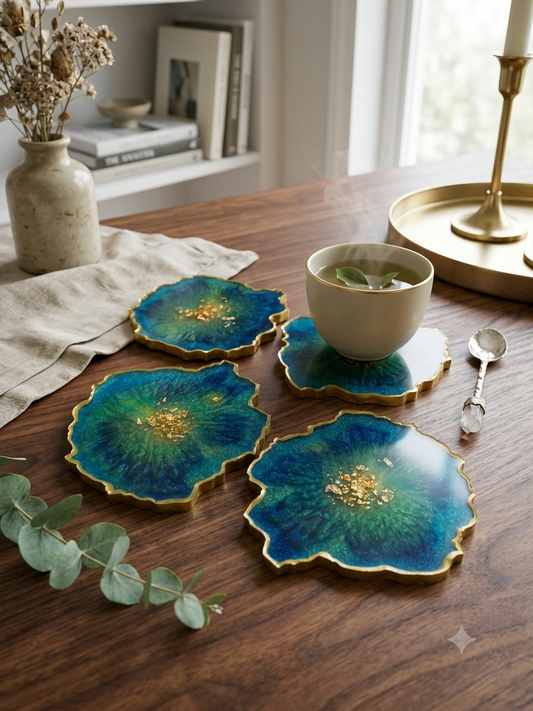 Handmade teal and gold resin coasters on a wooden table