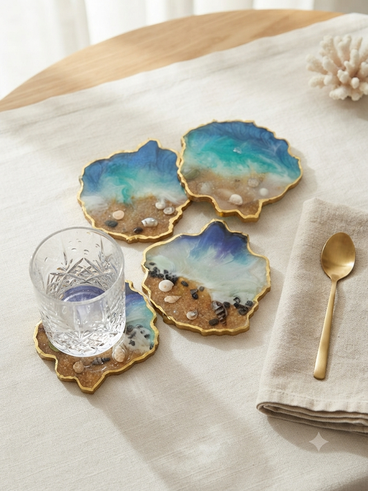 Four handmade ocean resin coasters with gold edges arranged on a white linen tablecloth with a crystal glass, gold spoon and coral decoration
