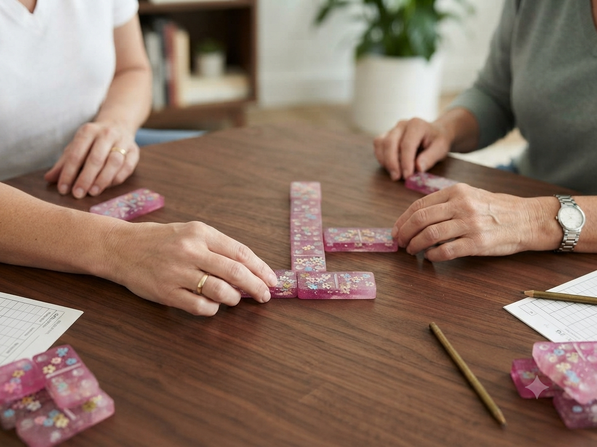 Two people playing handmade cherry blossom resin dominoes on a dark wood table with score sheets and pencils, showing the pink tiles in play