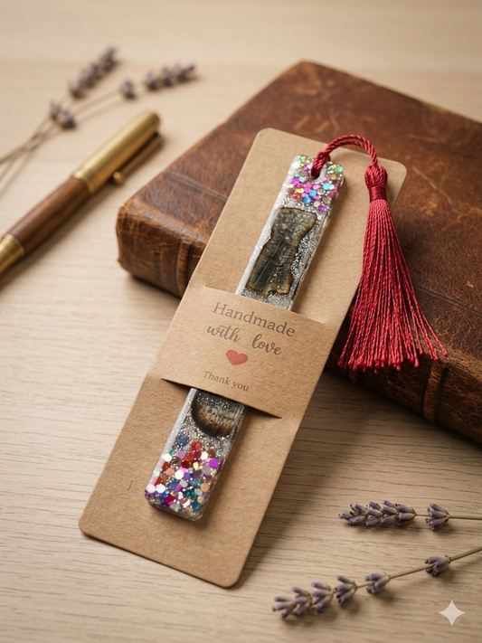 Handmade clear resin bookmark with embedded 1895 Girl's Own Annual page and multicolour confetti glitter, displayed on a kraft Handmade with Love gift card with a red tassel, surrounded by dried lavender