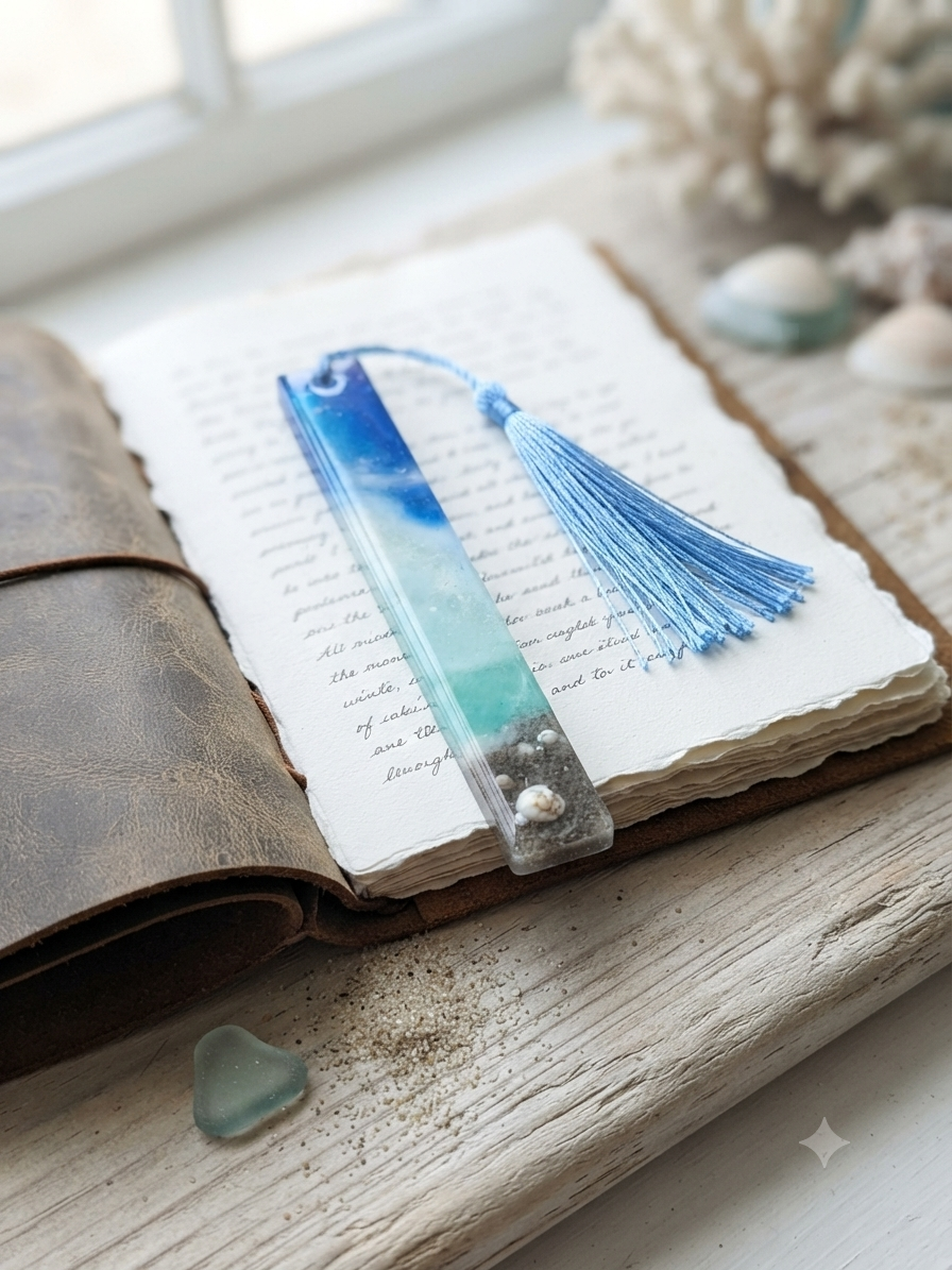 Handmade resin bookmark with blue sky and teal ocean gradient, real sand, seashells and pearl at base, with blue tassel, resting on an open journal by a window with coral and sea glass
