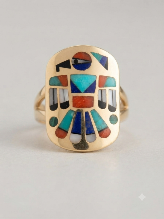 Solid gold Kachina inlay ring with turquoise, coral, lapis and onyx stones
