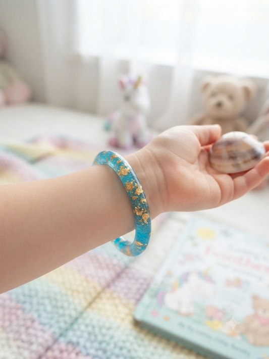 Ocean Teal & Gold Resin Bangle — Girls Handmade Bracelet