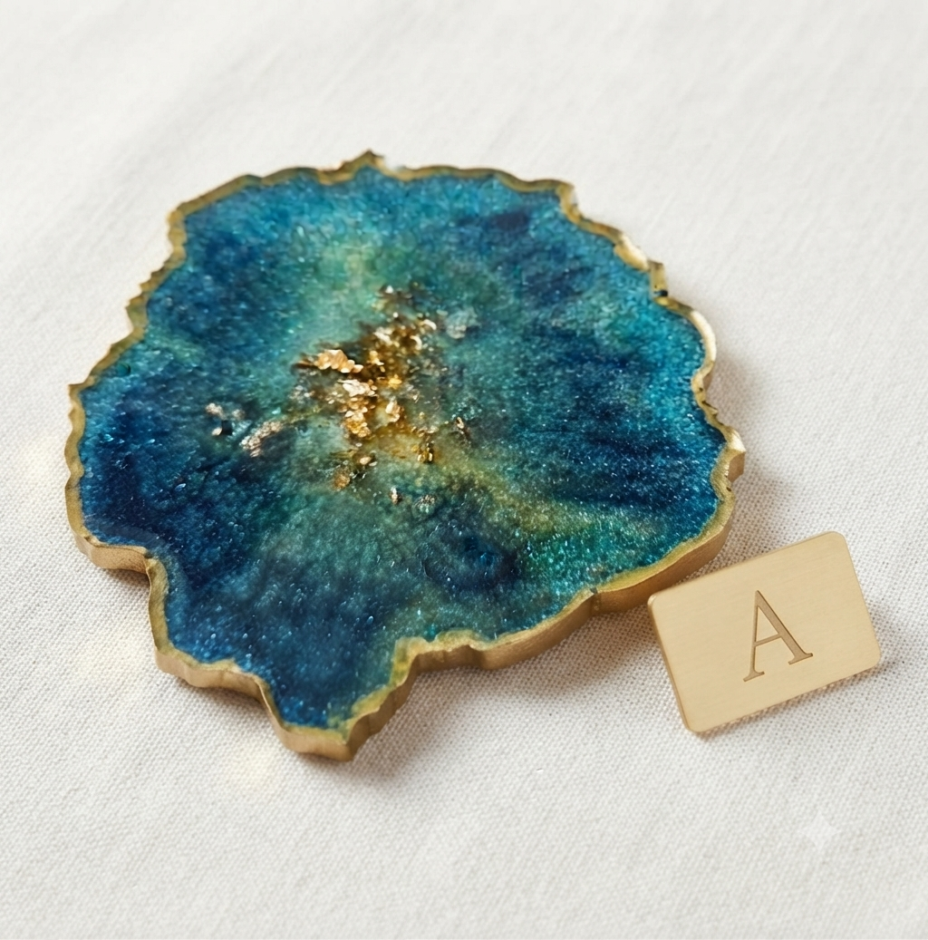 Ocean Resin Coaster — Teal & Gold | Set of 4