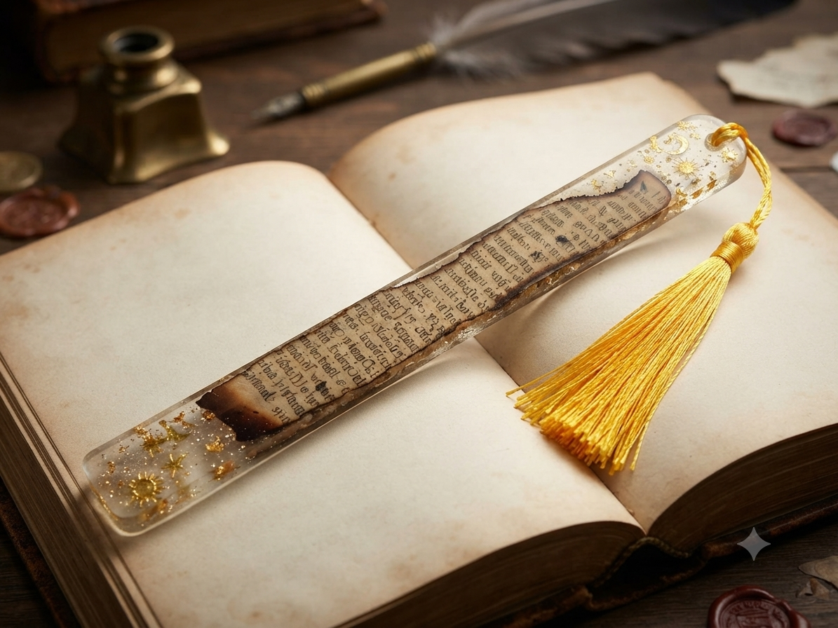 Handmade clear resin bookmark with embedded 1895 Girl's Own Annual page, gold leaf flakes, celestial sun and star charms, burned edge effect, and gold tassel, resting in an open vintage book