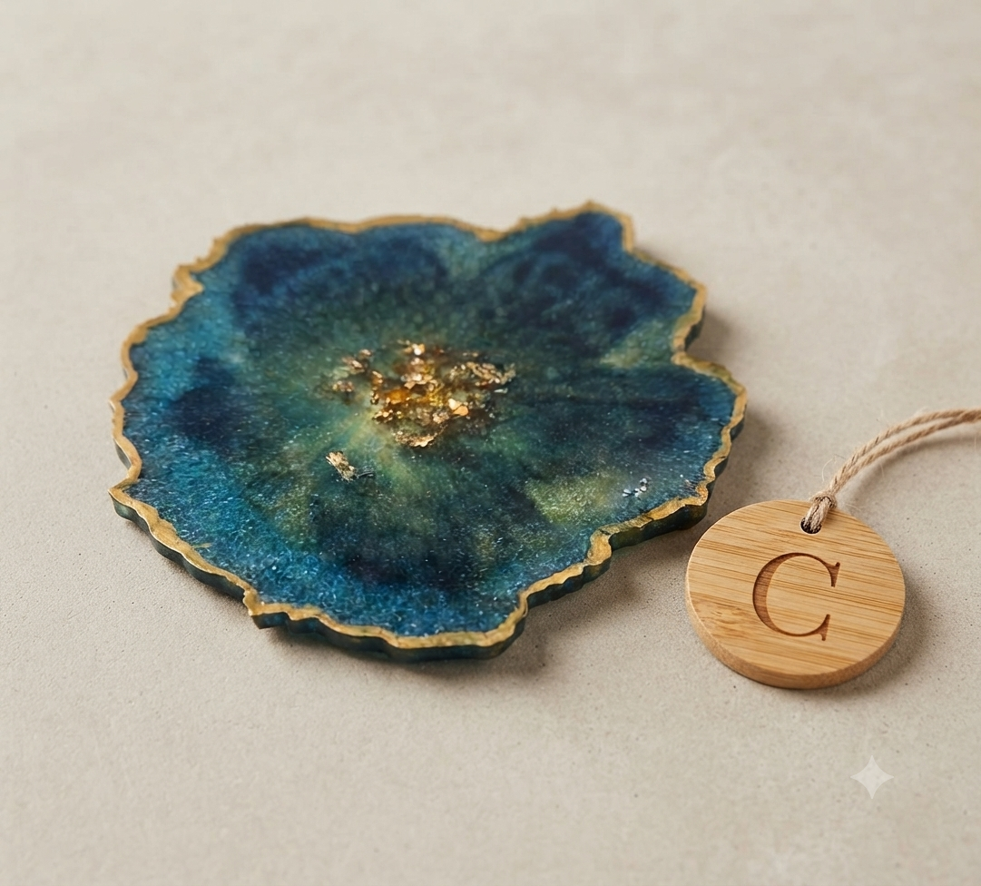 Ocean Resin Coaster — Teal & Gold | Set of 4
