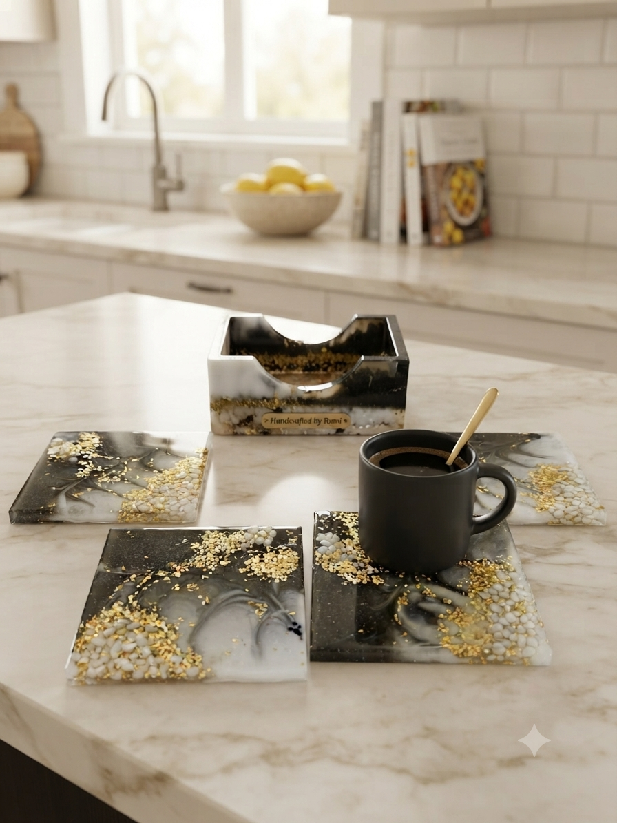 Handmade marble and gold leaf resin coasters with matching holder on a white kitchen counter, with a dark mug resting on one coaster