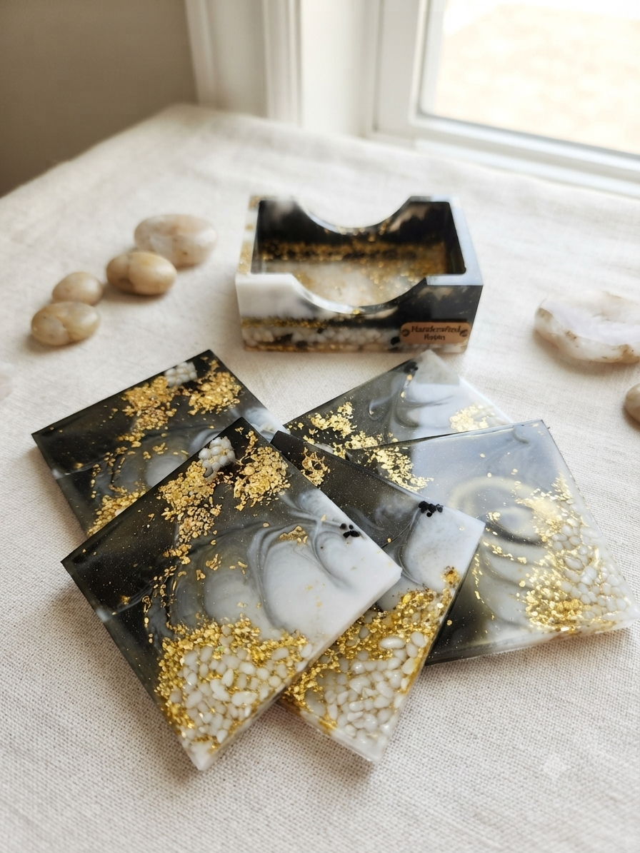 Close-up of handmade black white and grey marble resin coasters with gold leaf flakes fanned out beside matching resin coaster holder on a linen surface with smooth stones