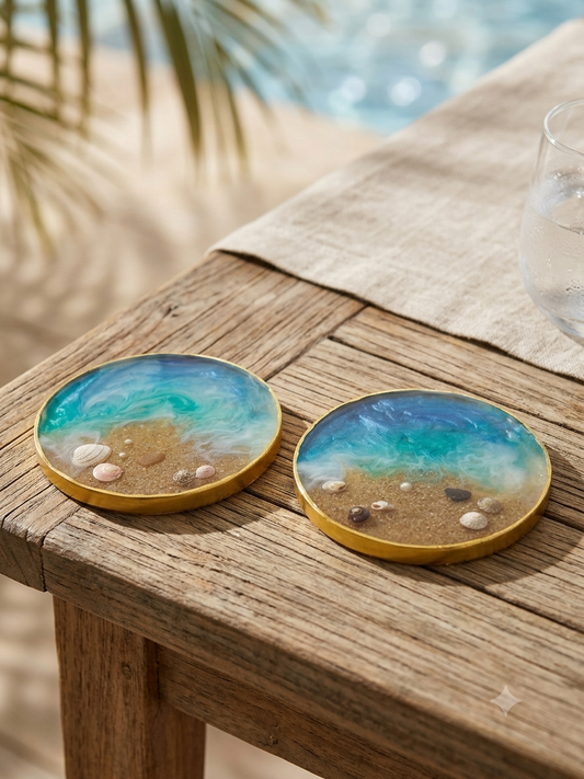 Handmade beach scene resin coasters with real sand and seashells on a wooden table