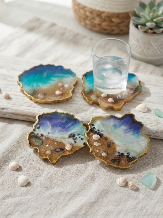 Set of 4 handmade organic-shaped ocean resin coasters with teal and blue waves, real sand, seashells and black pebbles, gold-painted edges, displayed on a driftwood board with a glass of water and seashells