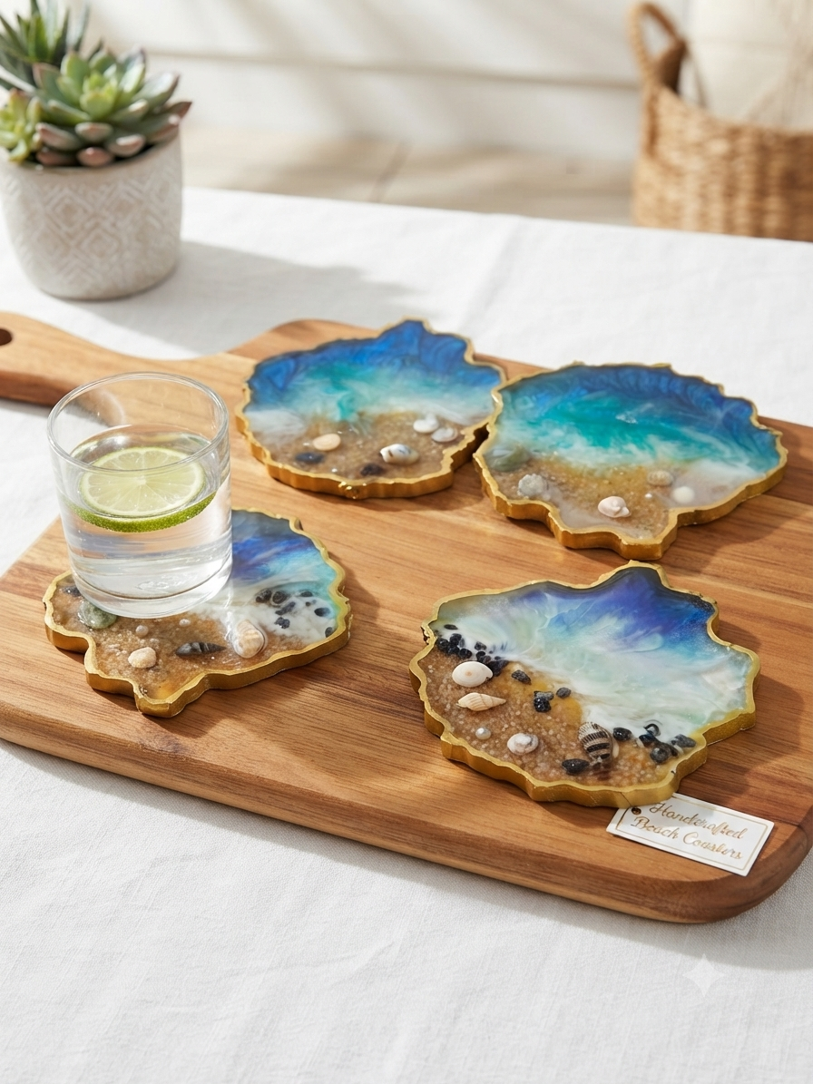 Four handmade ocean resin coasters with gold edges displayed on a wooden cutting board with a lime water glass, labelled Handcrafted Beach Coasters