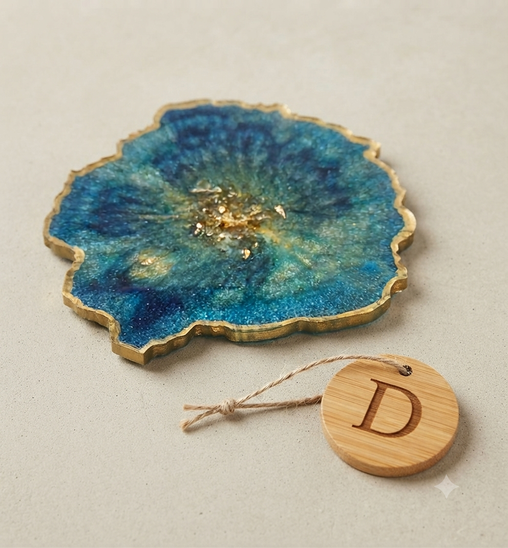 Ocean Resin Coaster — Teal & Gold | Set of 4