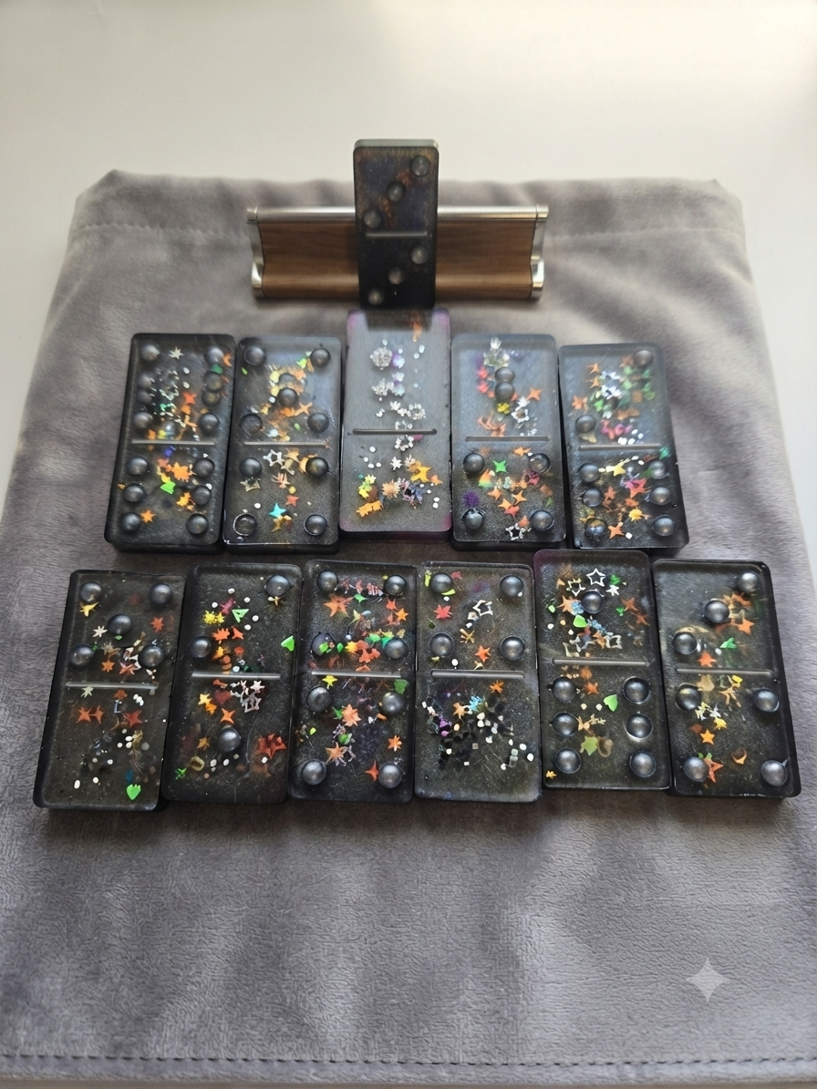 Handmade black resin domino set with holographic multicolour star glitter and grey pearl dots, displayed on a grey velvet pouch with a wooden box holder, arranged in rows