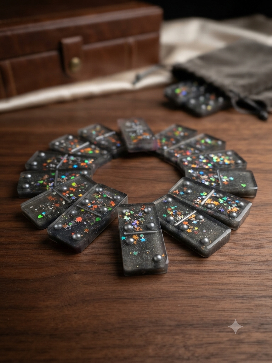 Full set of handmade galaxy resin dominoes arranged in a circle on a dark wood table, with velvet pouch and wooden box in background