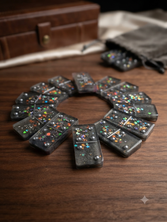 Full set of handmade galaxy resin dominoes arranged in a circle on a dark wood table, with velvet pouch and wooden box in background