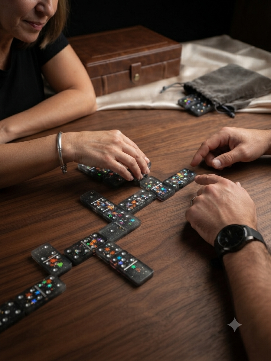 Two people playing handmade galaxy resin dominoes on a dark wood table, with velvet pouch and wooden box visible in background
