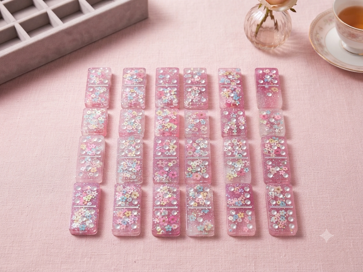Full set of handmade blush pink resin dominoes with embedded pastel flowers and iridescent glitter, laid out in rows on a pink linen surface with a grey velvet storage box and rose in background