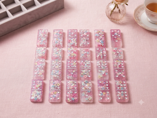 Full set of handmade blush pink resin dominoes with embedded pastel flowers and iridescent glitter, laid out in rows on a pink linen surface with a grey velvet storage box and rose in background