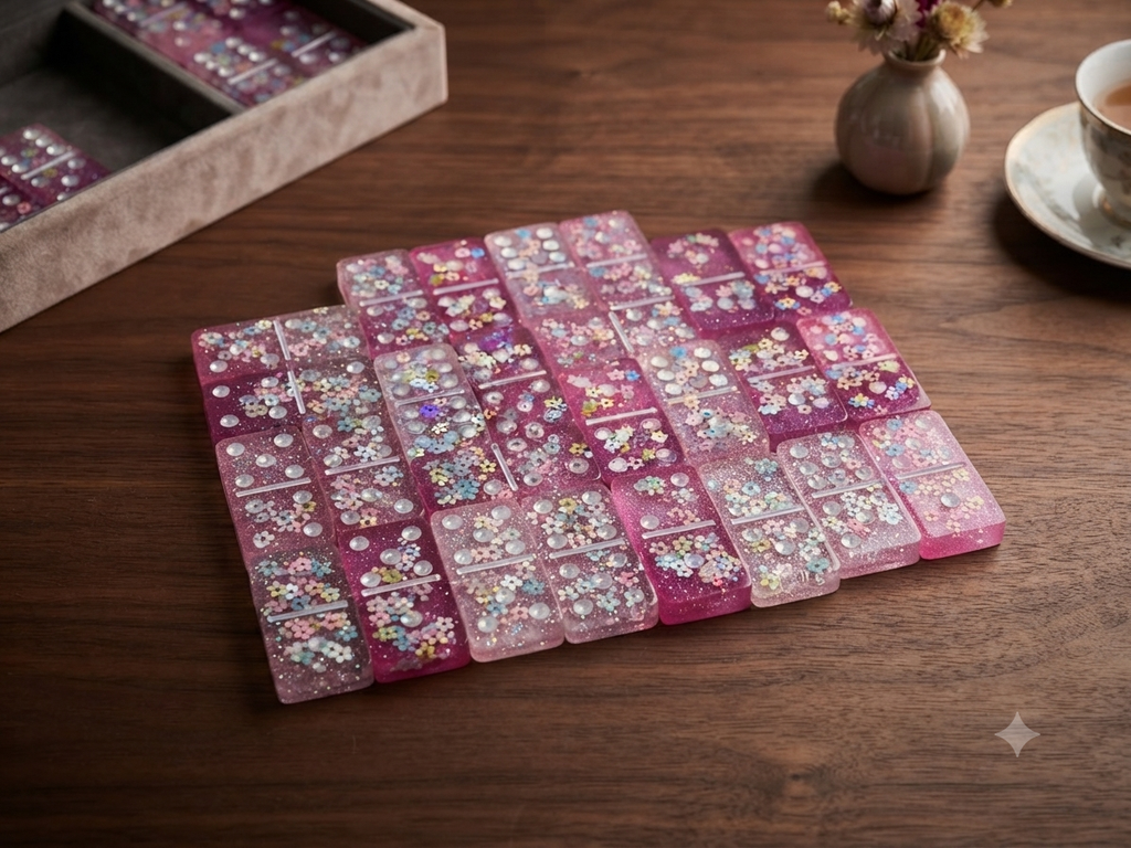 Handmade pink floral resin dominoes fanned out in rows on a dark wood table, showing the gradient pink tones and embedded flower details