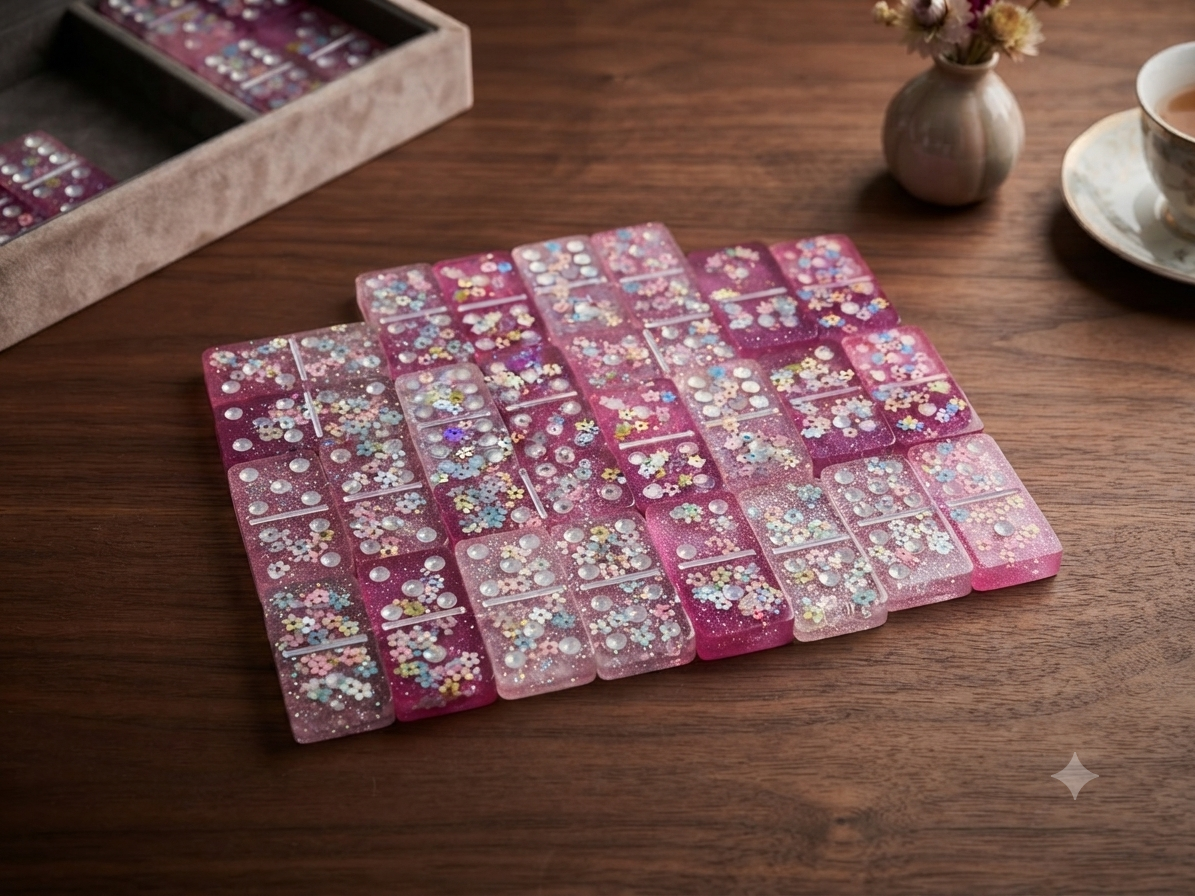 Handmade pink floral resin dominoes fanned out in rows on a dark wood table, showing the gradient pink tones and embedded flower details