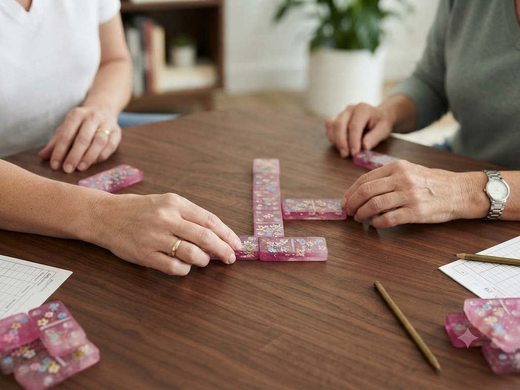 Two people playing handmade cherry blossom resin dominoes on a dark wood table with score sheets and pencils, showing the pink tiles in play