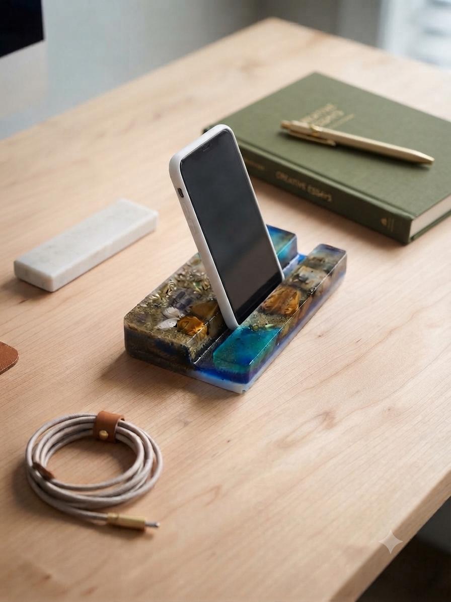 Handmade ocean teal resin phone stand with gold leaf and shells on a wooden desk