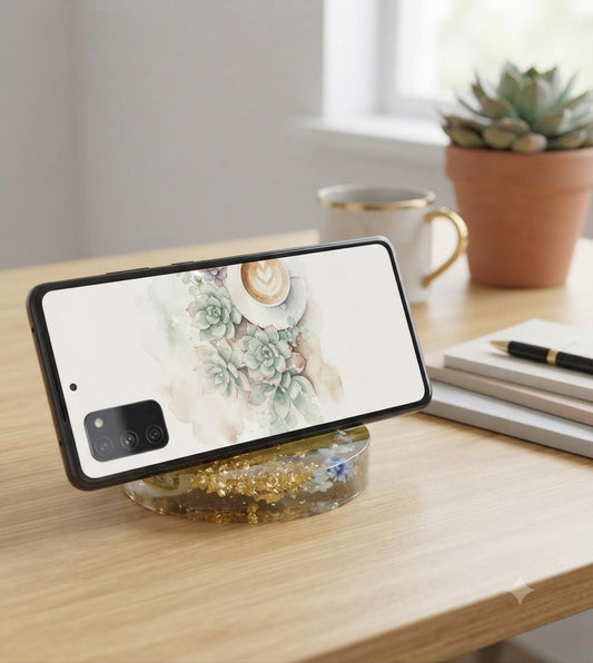 Spring Floral Resin Phone/Card Stand — Gold Leaf & Blue Flowers