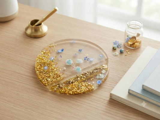 Spring Floral Resin Phone/Card Stand — Gold Leaf & Blue Flowers