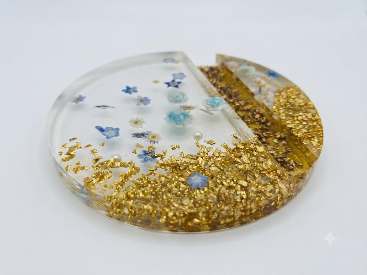 Spring Floral Resin Phone/Card Stand — Gold Leaf & Blue Flowers