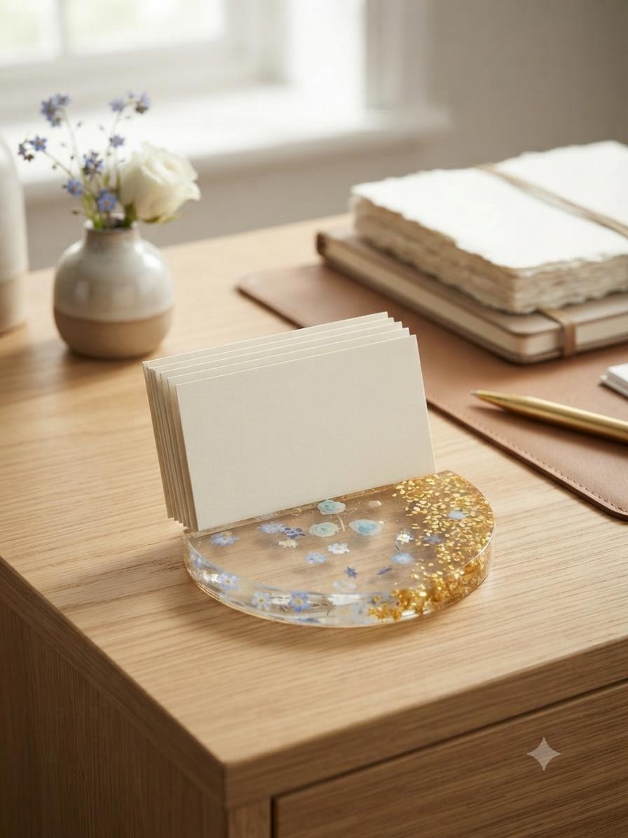 Spring Floral Resin Phone/Card Stand — Gold Leaf & Blue Flowers