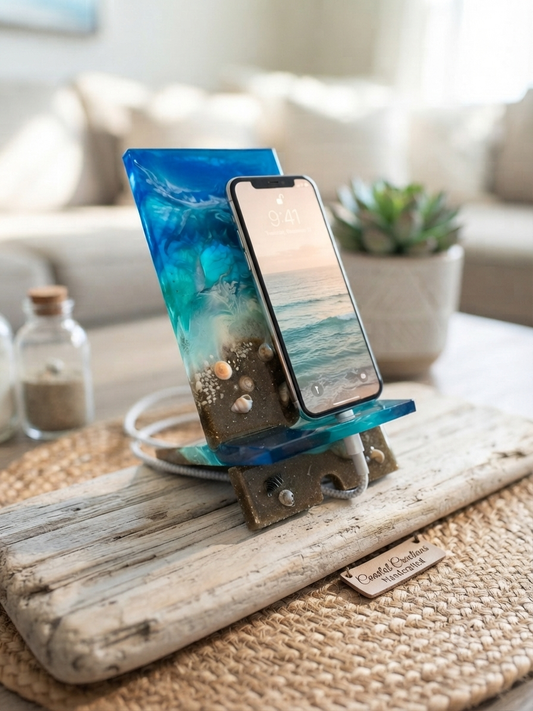 Handmade ocean wave resin phone stand with deep blue and teal waves, real sand and seashells at base, mounted on a driftwood-style wooden dock with cable management, holding a smartphone on a woven placemat with succulents in background
