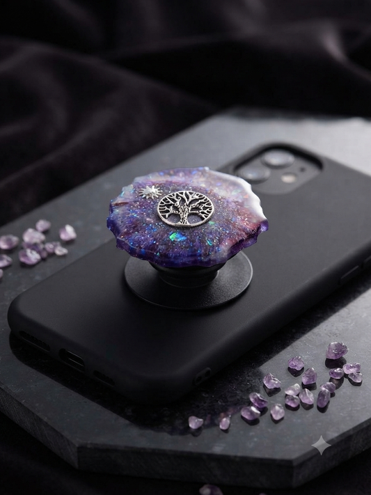 Teal star confetti resin pop socket on Samsung phone with 3M adhesive base shown beside it