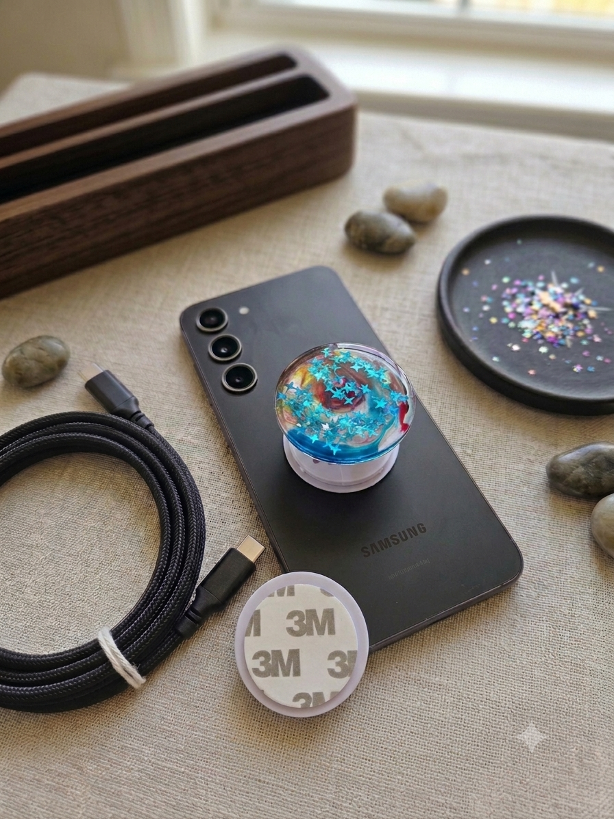 Gold Tree of Life resin pop socket with golden glitter and gold charm on Samsung phone