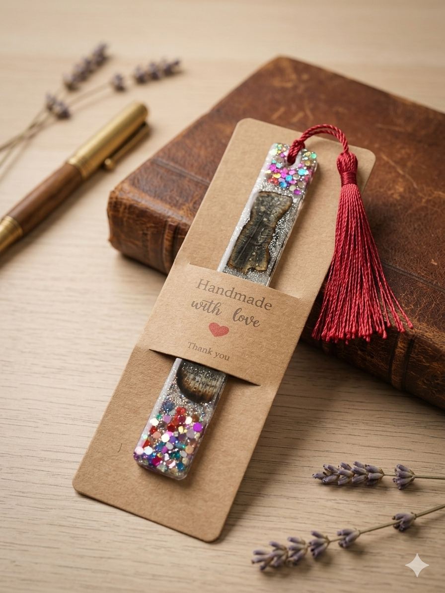 Handmade clear resin bookmark with embedded 1895 Girl's Own Annual page and multicolour confetti glitter, displayed on a kraft Handmade with Love gift card with a red tassel, surrounded by dried lavender